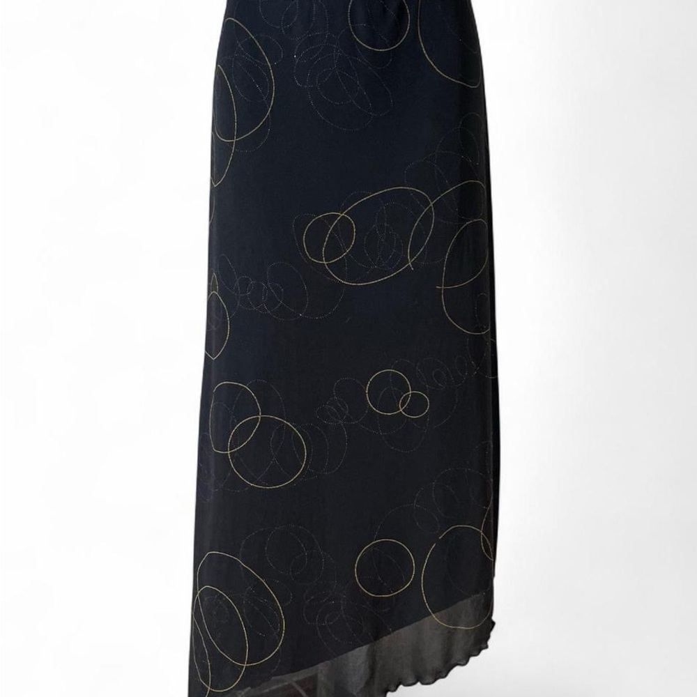 Georgiou Studio Black Sheer Midi Skirt w/ Gold Swirl Pattern